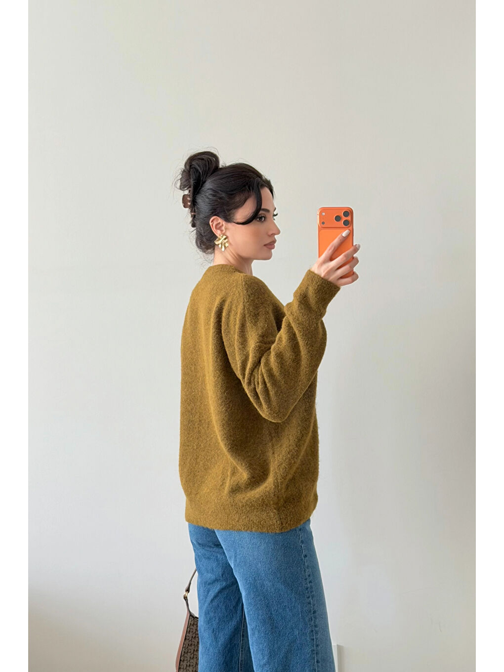 Kadın Haki Düğmeli Açık Yaka Kazak 1014-2464-3