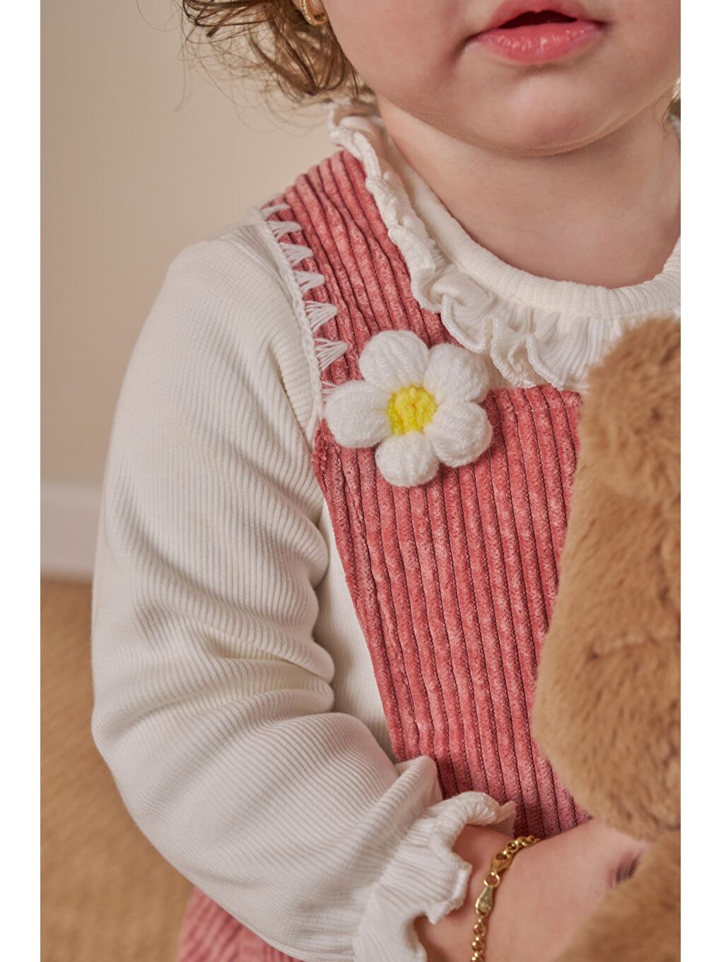 Karışık Kız Bebek Pamuklu Gül Kurusu Çiçek Aplikeli Etekli Takım - Bluz Ve Salopet Elbise-4