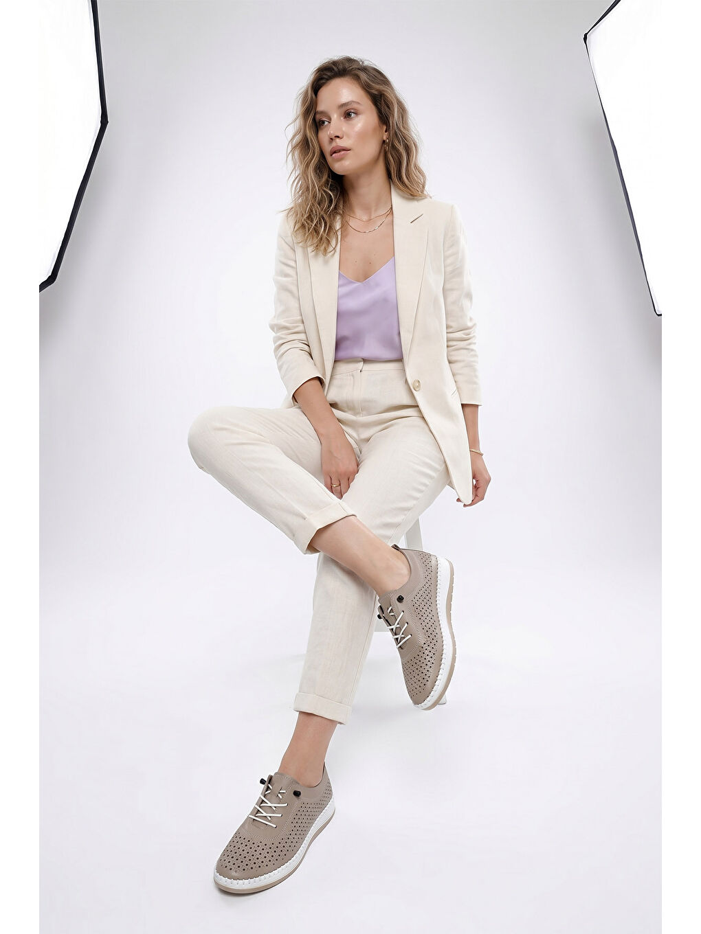 Bej Kadın BEJ-VİZON Bağcıklı Hakiki Deri Comfort Ayakkabı-2