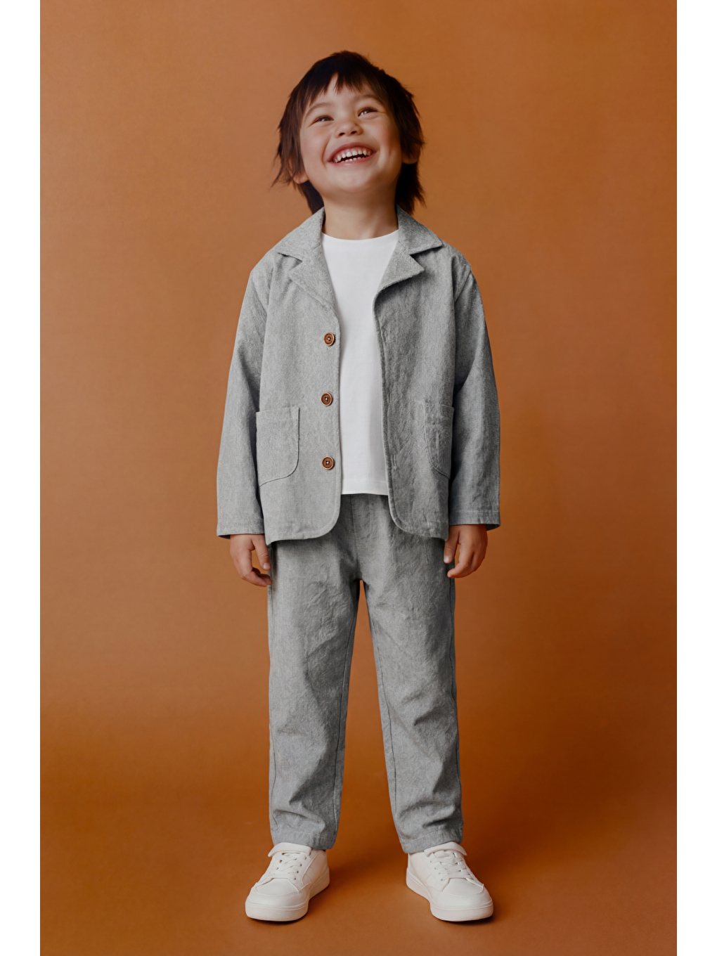 Erkek Çocuk Pamuklu Gri Klasik Ceket Takım - Blazer Ceket & Pantolon + 3'Lü T-Shirt Set