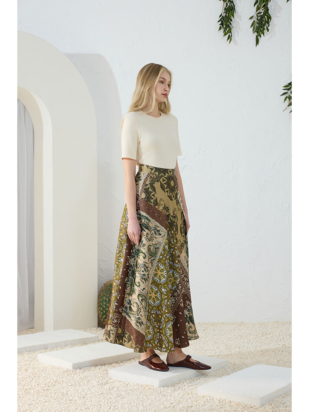 Haki Desenli Kloş Etek-5