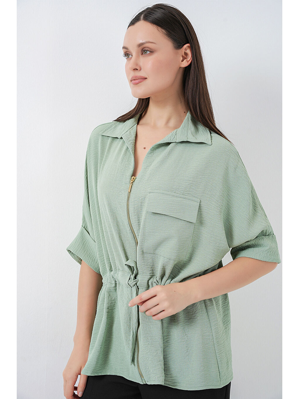 Yeşil Fermuarlı Kadın Gömlek 0721 - Mint-3