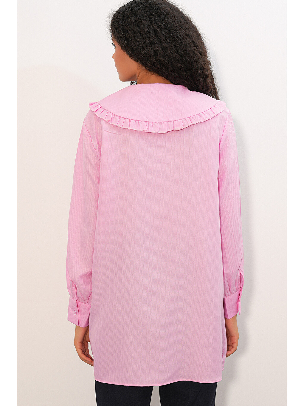 Kadın Geniş Yaka Fırfır Detaylı Çizgili Tunik Gömlek 5993 - Pembe-5