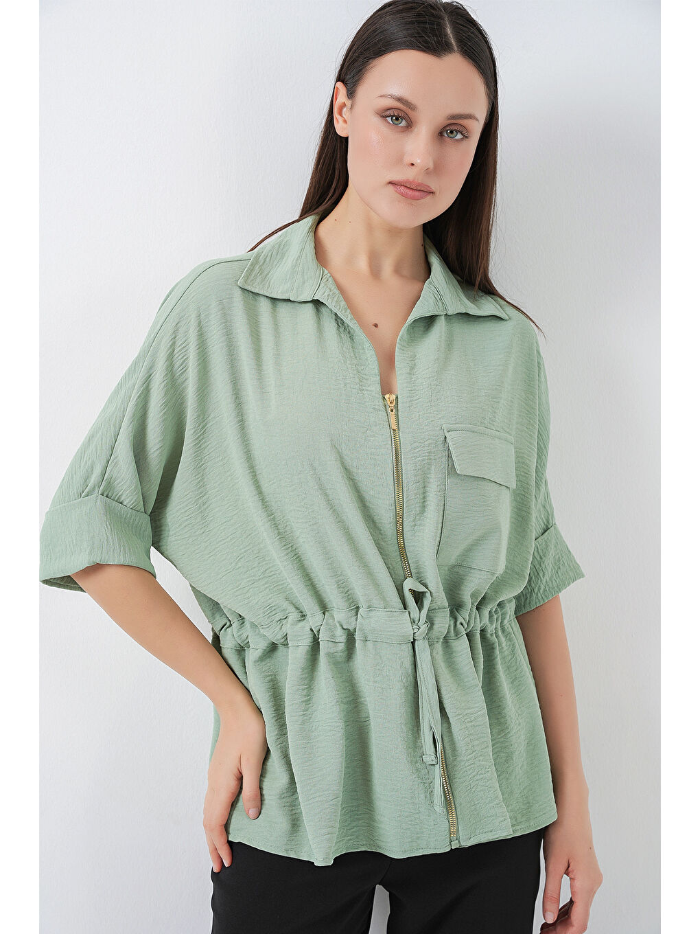 Yeşil Fermuarlı Kadın Gömlek 0721 - Mint-4