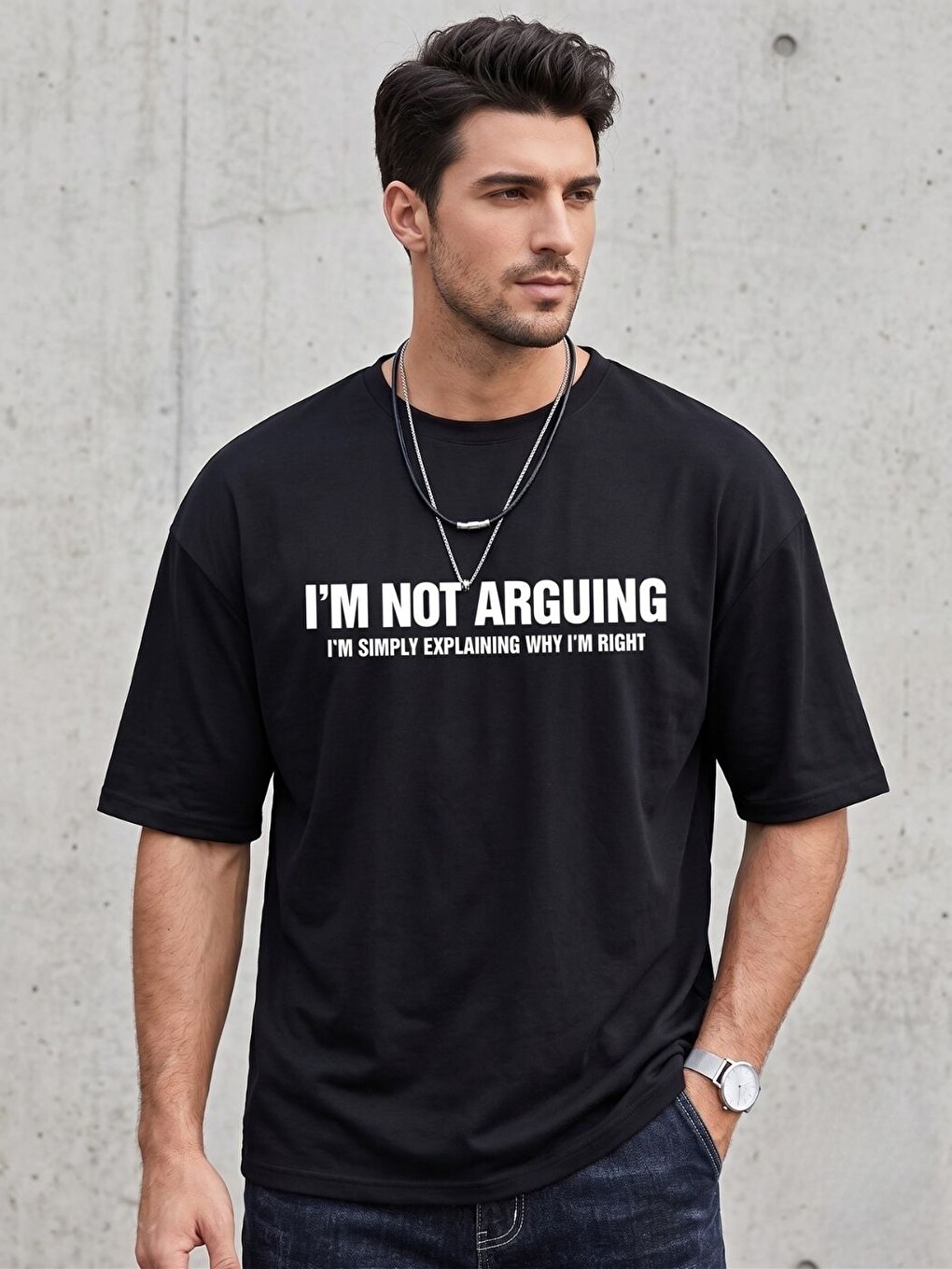 Erkek Siyah Arguing Baskı Detay %100 Organik Pamuk Örme Oversize Tişört