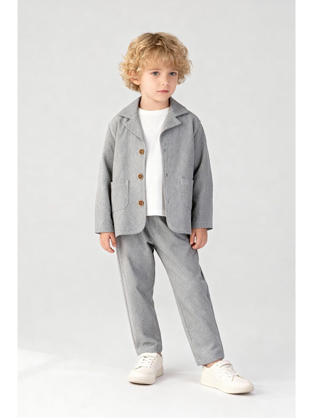 Erkek Çocuk Pamuklu Gri Klasik Ceket Takım - Blazer Ceket & Pantolon + 3'Lü T-Shirt Set-2