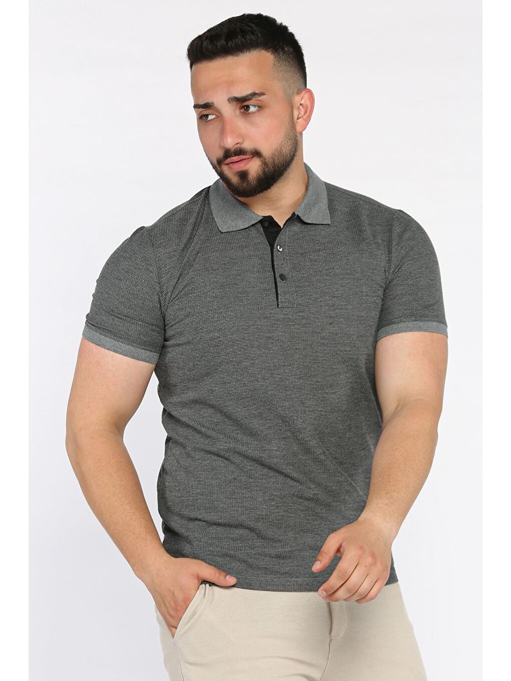 Antrasit Erkek Polo Yaka Yarım Düğmeli Tişört-1