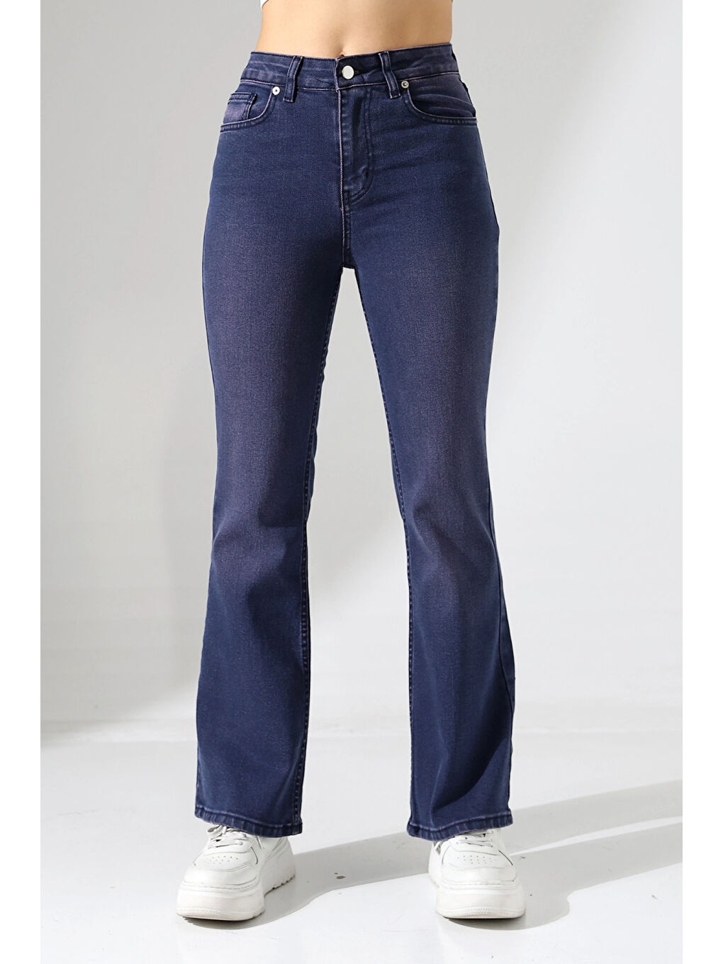 Lacivert Toparlayıcı Yüksek Bel İspanyol Paça Jean