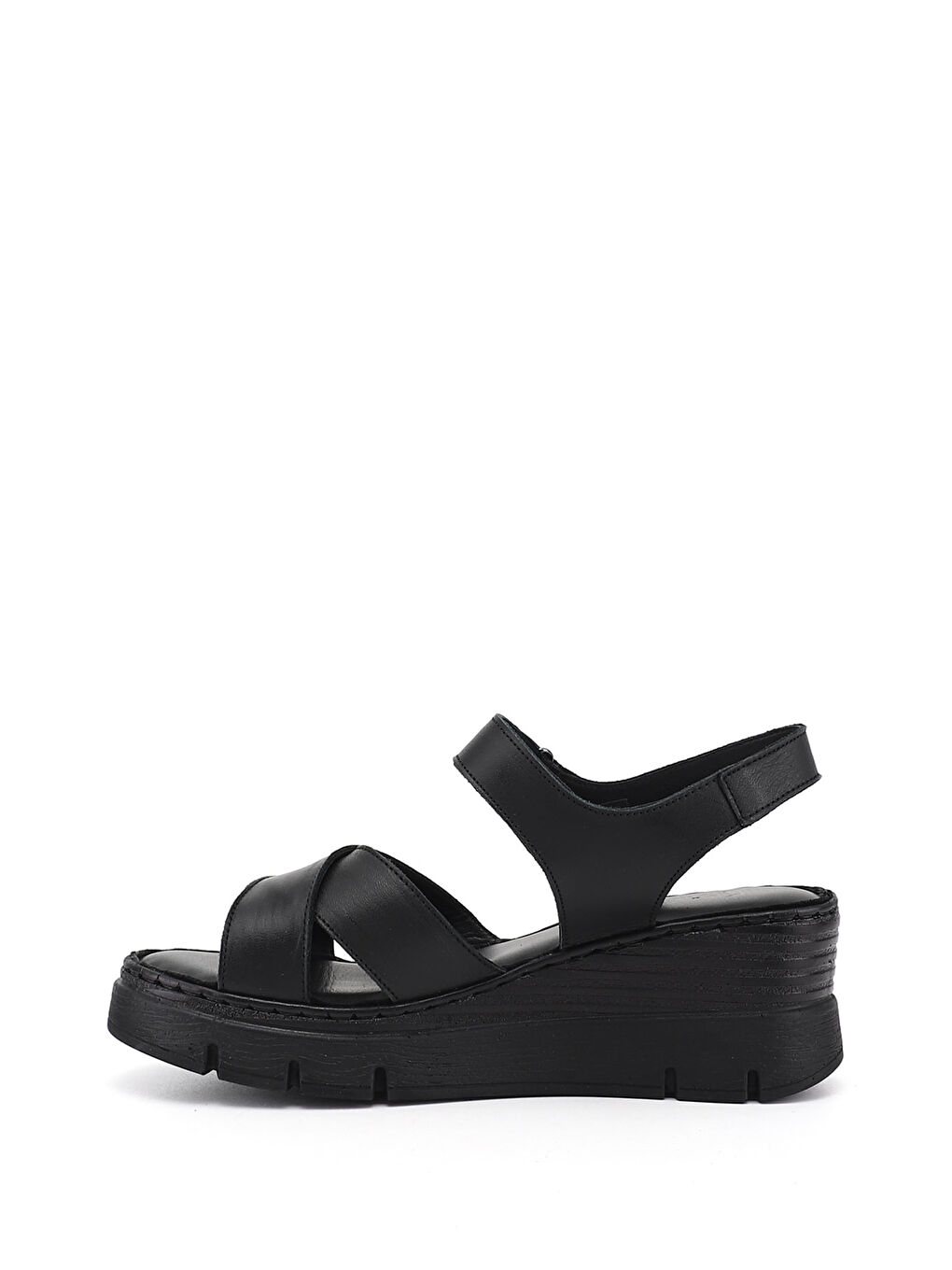 Siyah Kadın SİYAH Çapraz Bantlı Dolgu Topuklu Hakiki Deri Sandalet-4