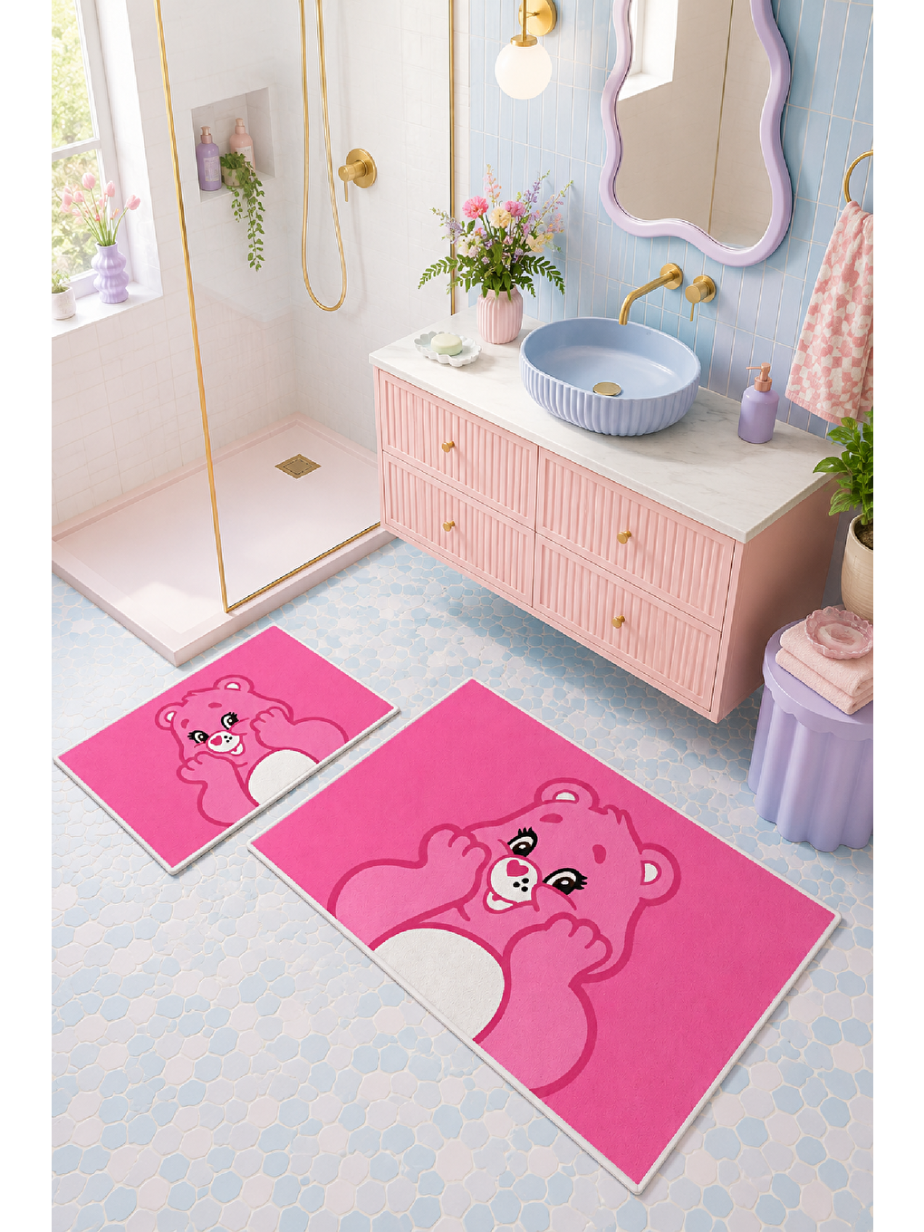 Açık Pembe Sevimli Ayı Desenli Kaymaz Taban Banyo Paspası 2’li Set-7