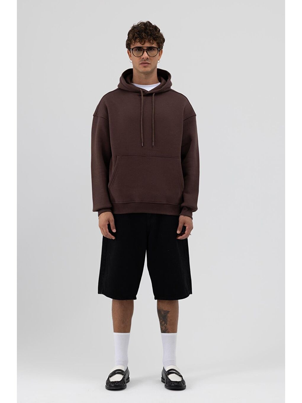 Kahverengi Basic Oversize Kapüşonlu Sweatshirt Kahve-1