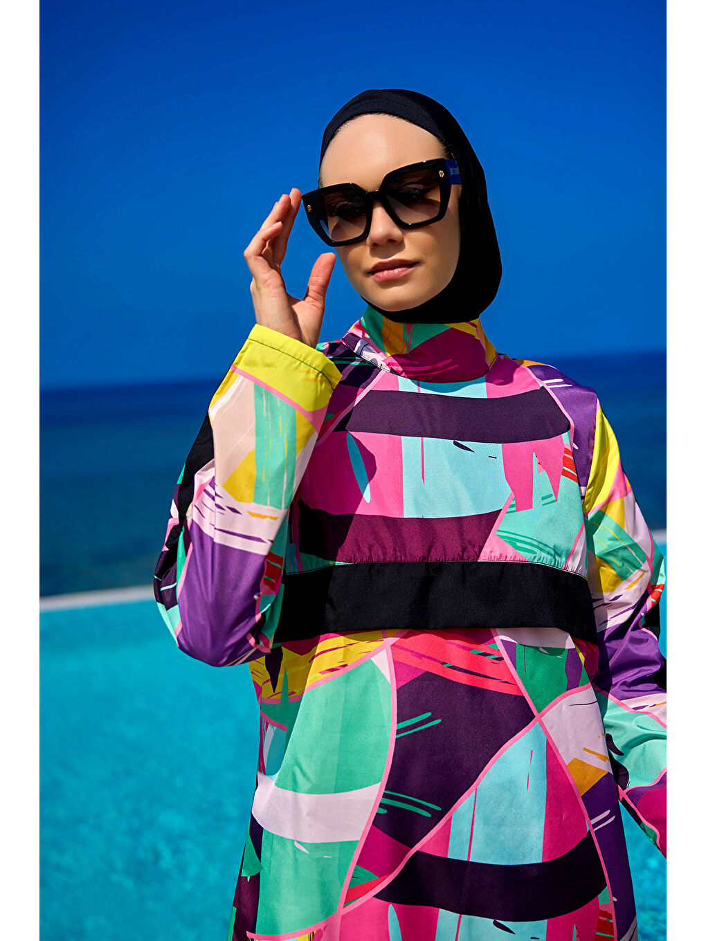 Siyah Tam Kapalı Tesettür Mayo Plaj Çantalı 4 Parça Set R2511-1