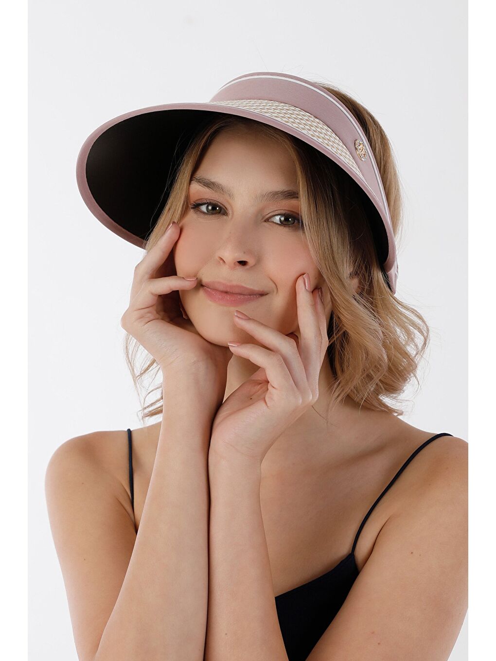 Pembe Kazayağı Desenli Siperli Ayarlanabilir Hasır Şapka-1