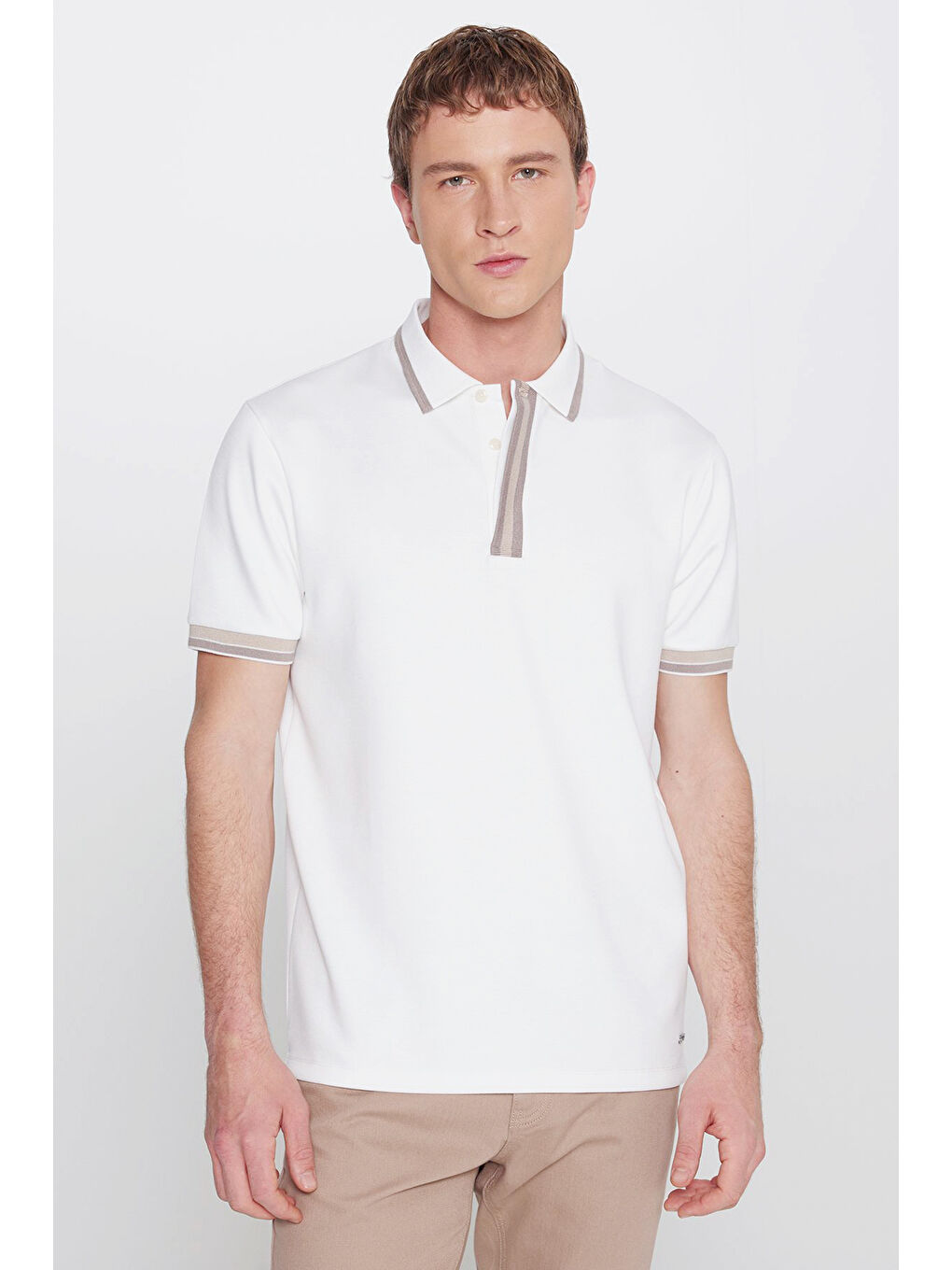 Erkek Ekru Slim Fit Dar Kesim Polo Yaka Esnek Tişört-1