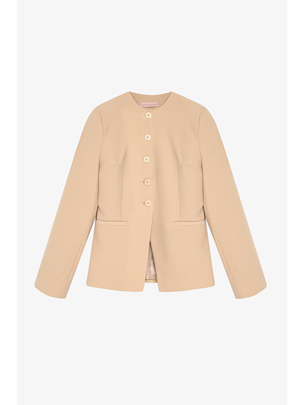 Bej Yuvarlak Yaka Düğmeli  Ceket Taş