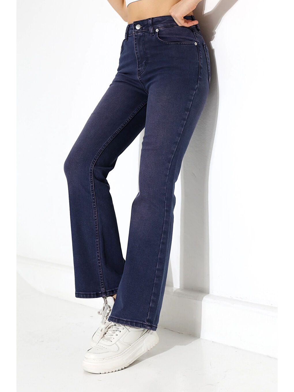 Lacivert Toparlayıcı Yüksek Bel İspanyol Paça Jean-3