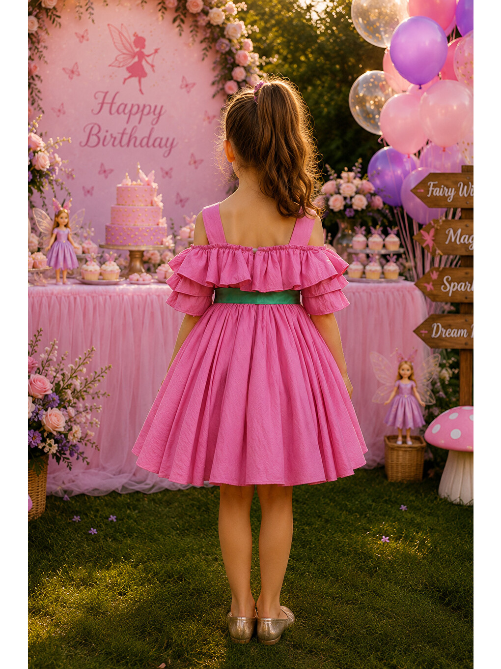 Pembe Pamuklu Kız Çocuk Elbise-1