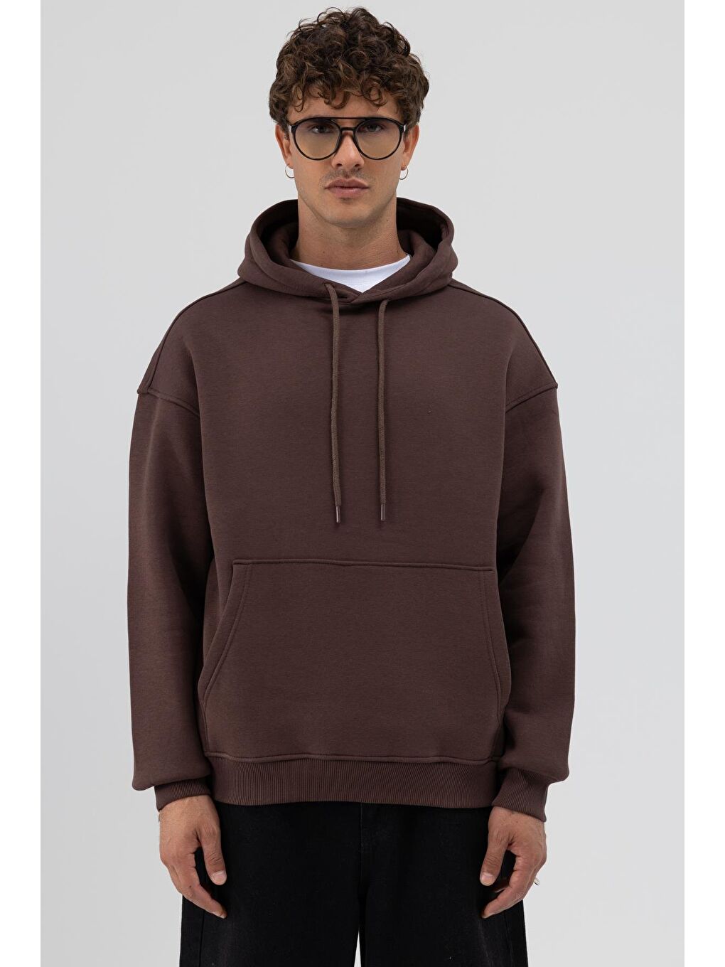 Kahverengi Basic Oversize Kapüşonlu Sweatshirt Kahve-2
