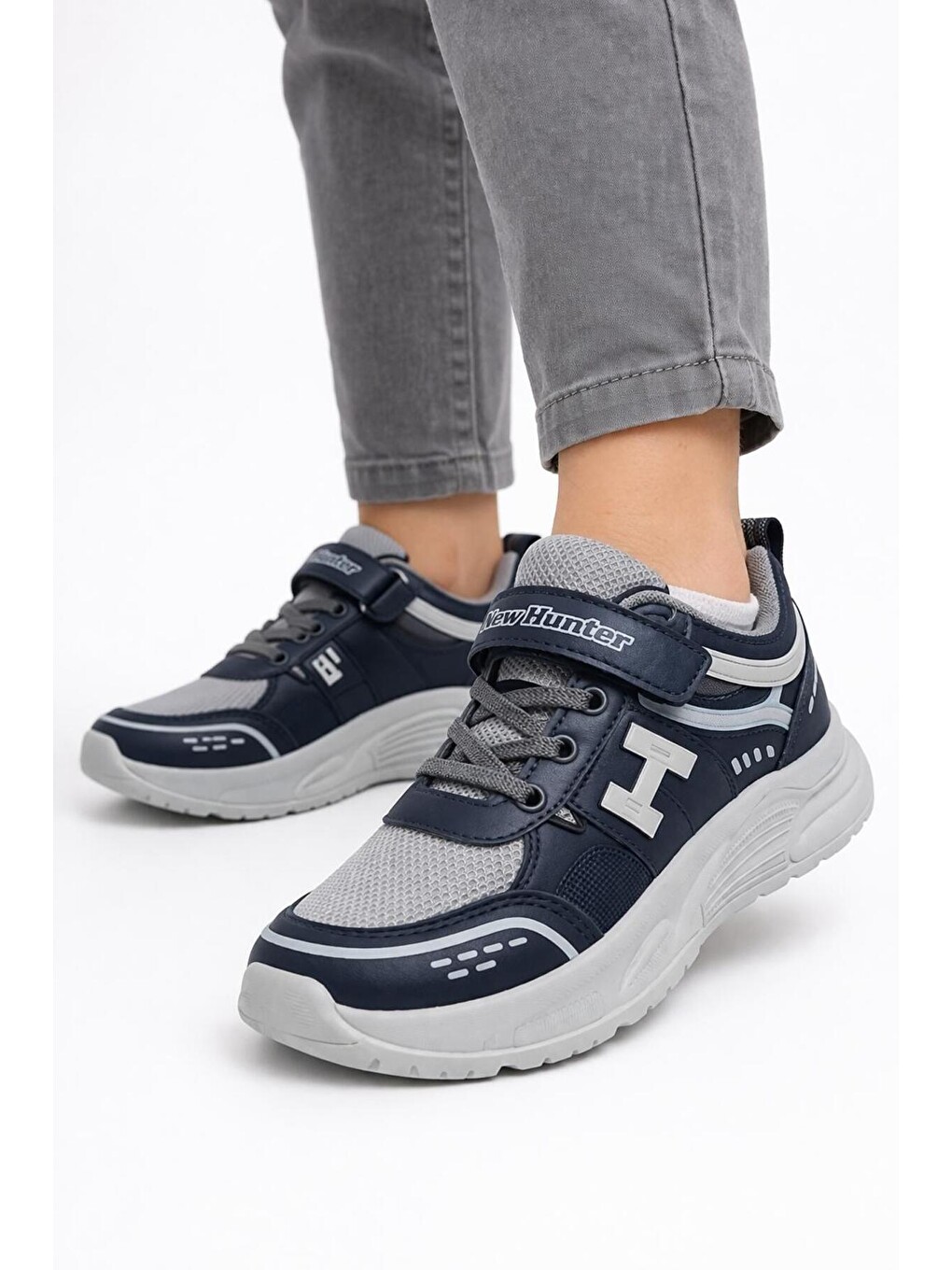 Lacivert Unisex Çocuk Spor Günlük Hafif Taban Cırtlı Bağcıklı Nefes Alabilen Kaymaz Okul Ve Günlük Sneaker