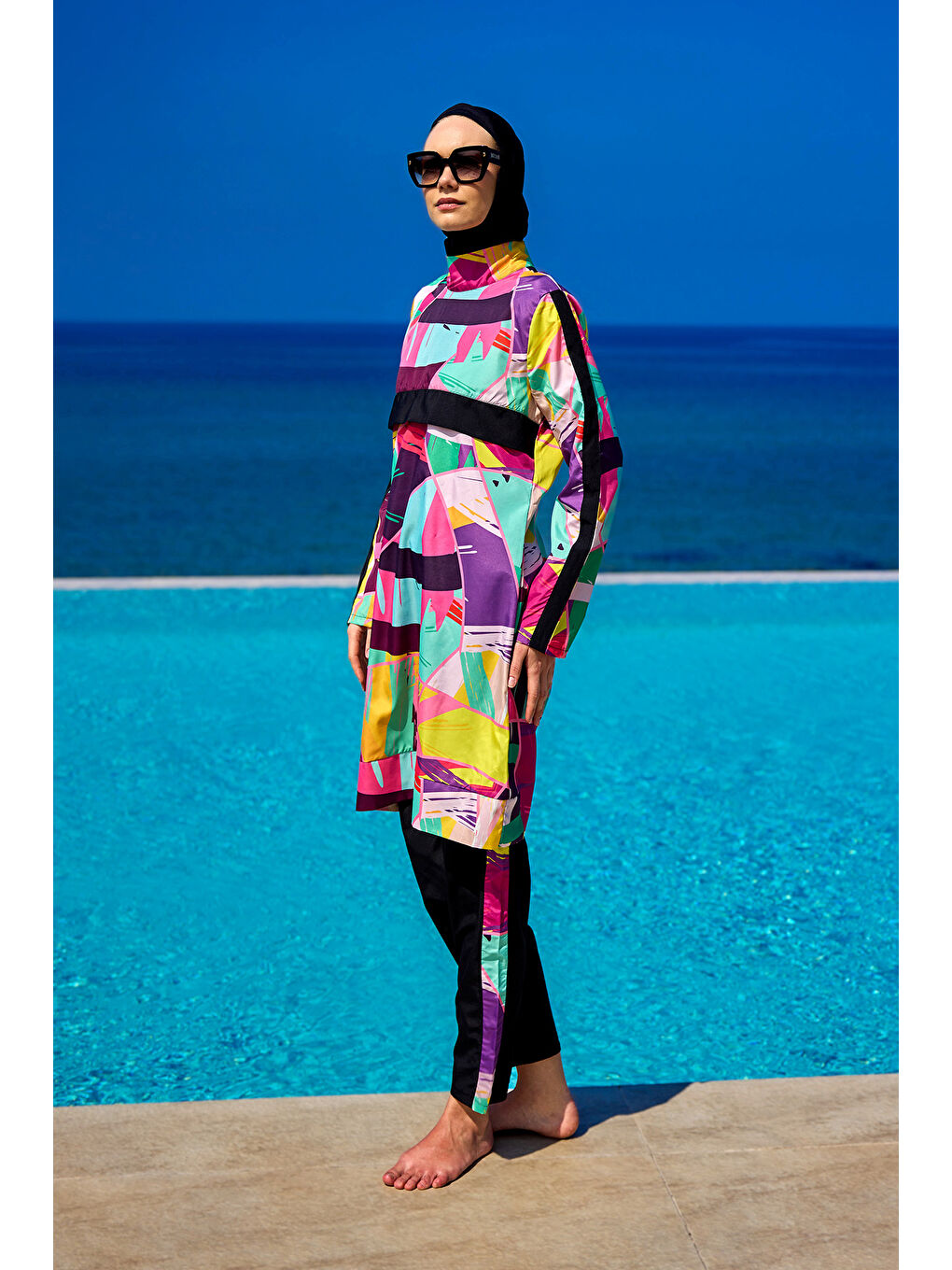 Siyah Tam Kapalı Tesettür Mayo Plaj Çantalı 4 Parça Set R2511-3