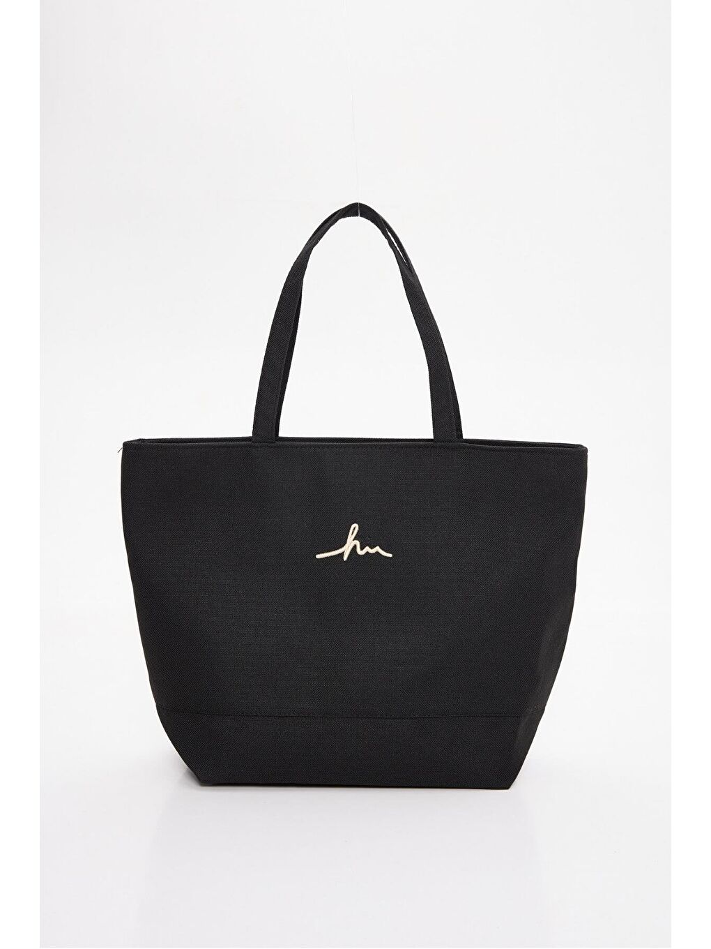 İmza Nakışlı Fermuarlı Keten Plaj Çantası Siyah 21