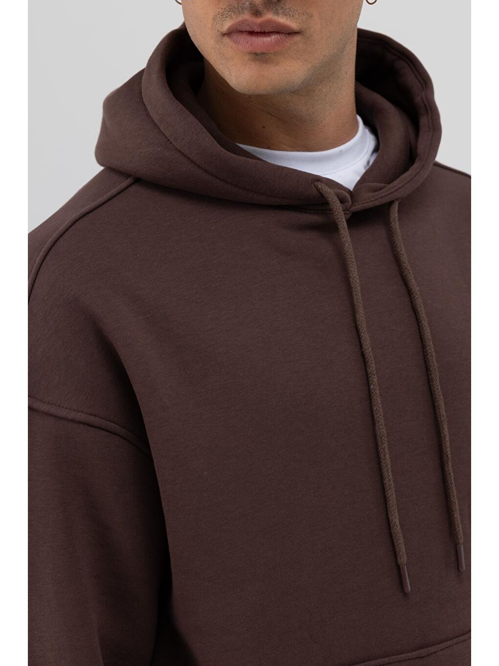 Kahverengi Basic Oversize Kapüşonlu Sweatshirt Kahve-3
