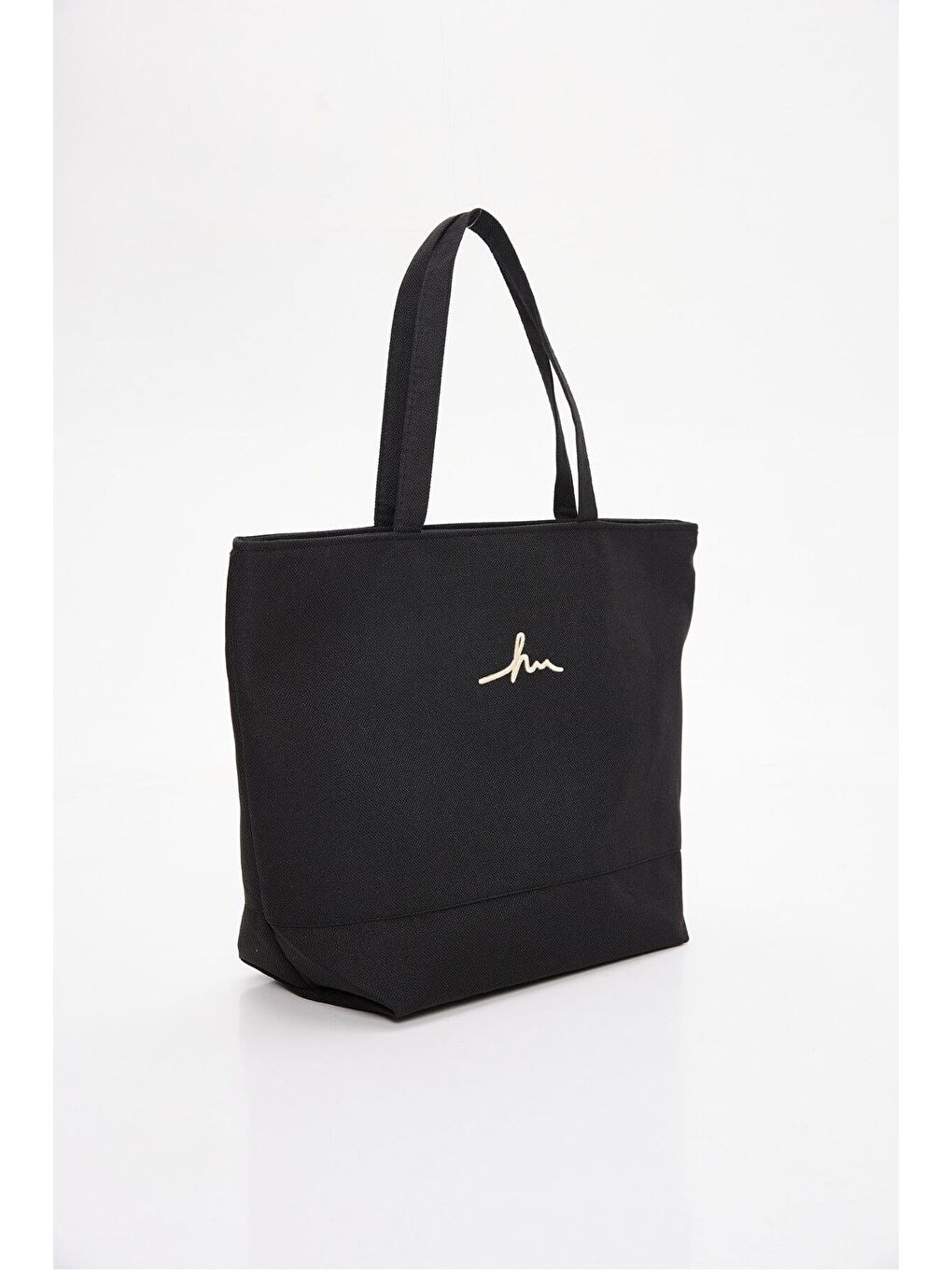 İmza Nakışlı Fermuarlı Keten Plaj Çantası Siyah 21-1