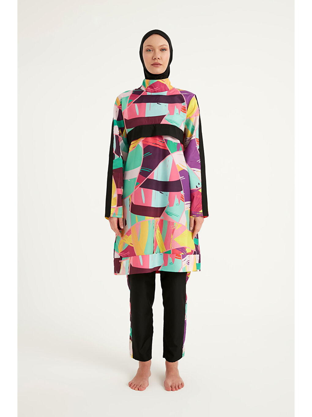 Siyah Tam Kapalı Tesettür Mayo Plaj Çantalı 4 Parça Set R2511-4