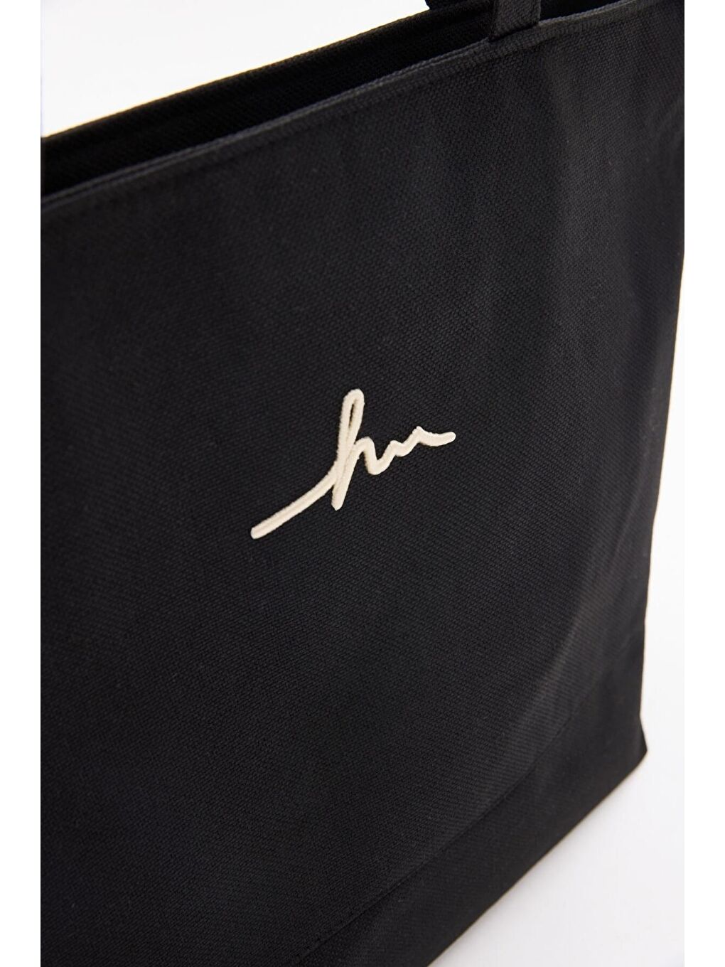 İmza Nakışlı Fermuarlı Keten Plaj Çantası Siyah 21-2