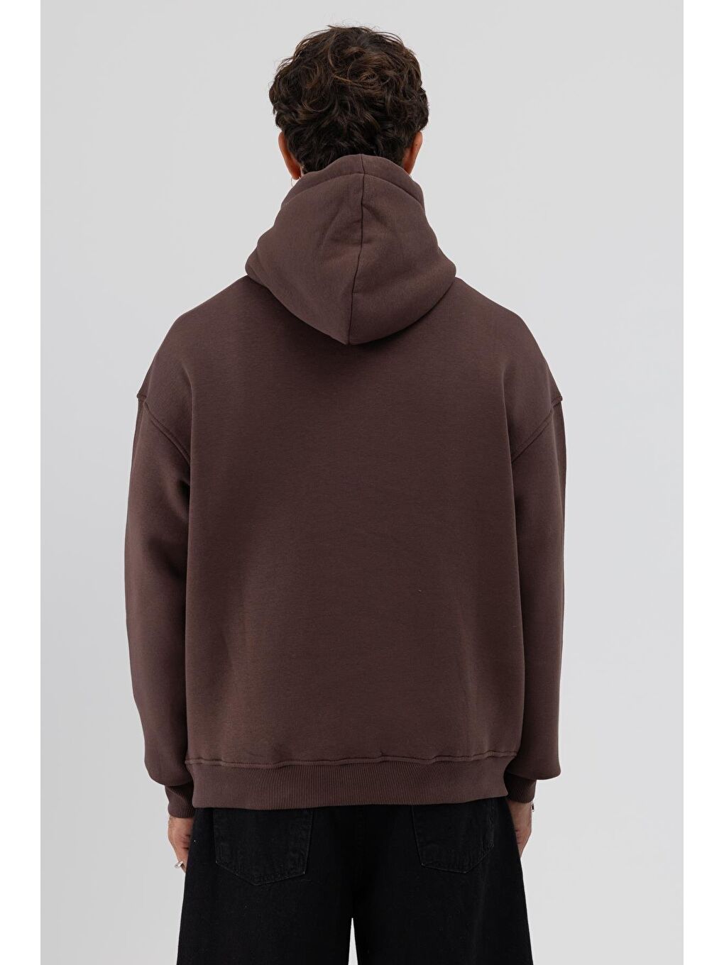 Kahverengi Basic Oversize Kapüşonlu Sweatshirt Kahve-4