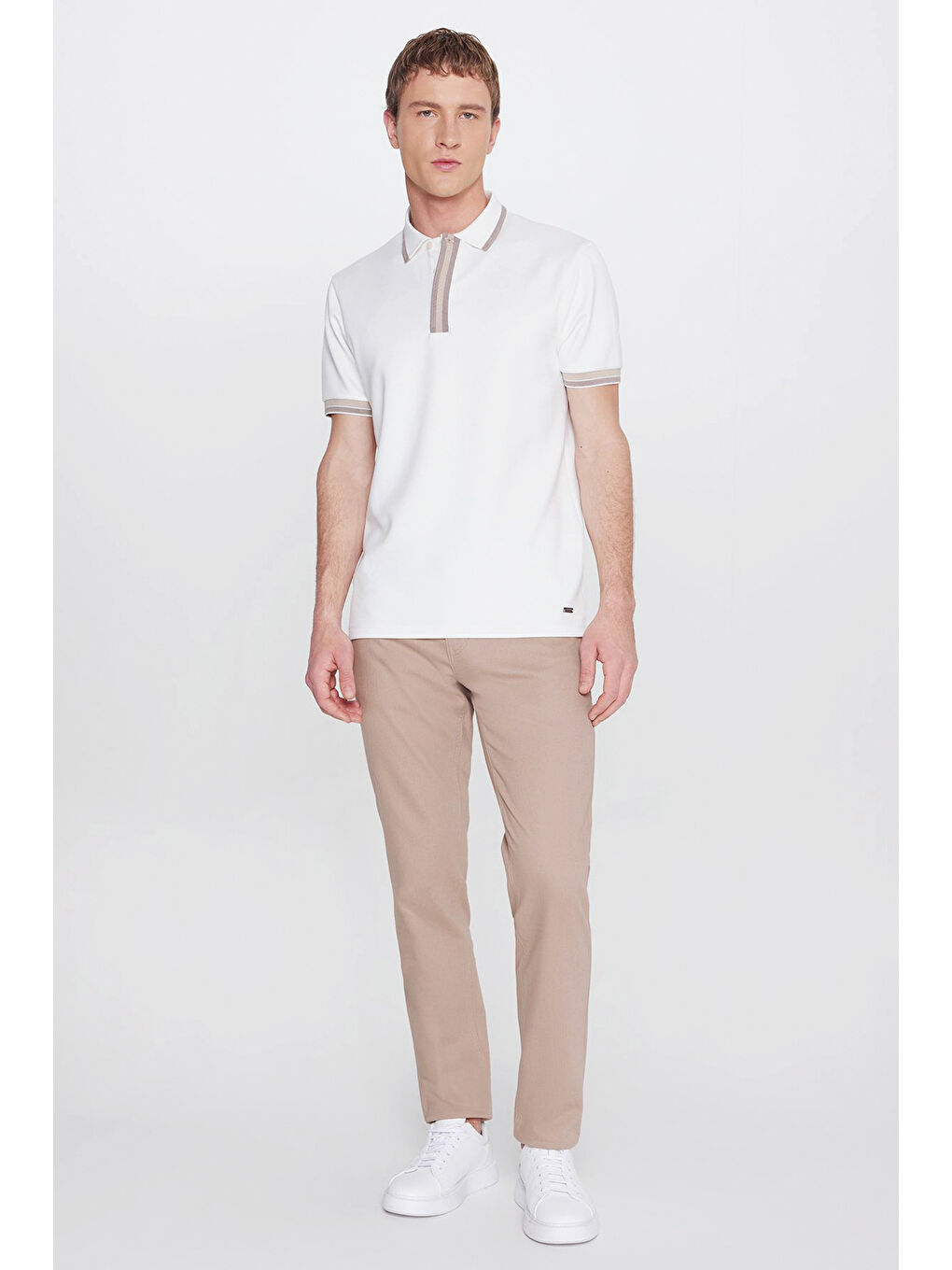 Erkek Ekru Slim Fit Dar Kesim Polo Yaka Esnek Tişört-2