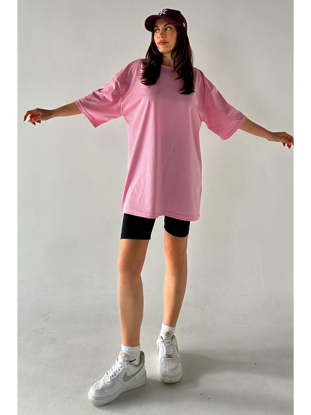 Kadın Düz Renk Pembe Oversize T Shirt-1