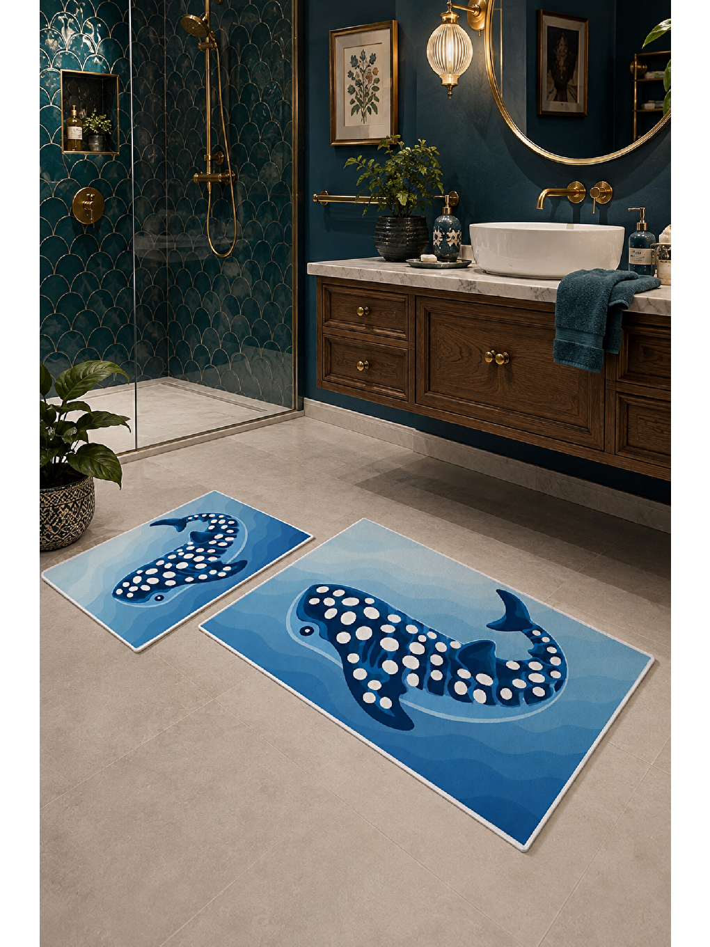 Bebek Mavisi Balina Köpekbalığı Desenli Banyo Paspası 2’li Set-5