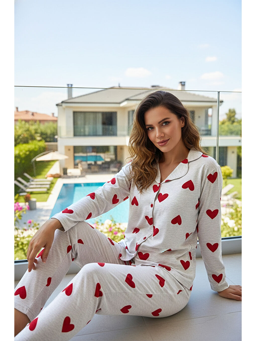 Kadın Kalp Desen Önü Düğmeli Suprem Pijama Takımı 0614 Bej02-2