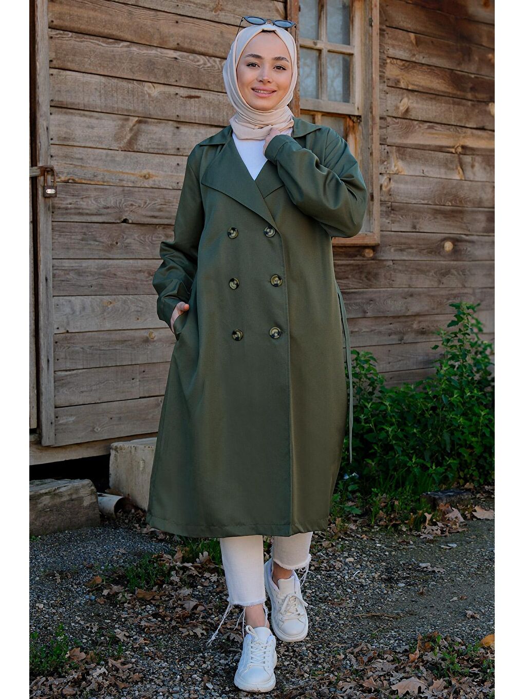 Bel Bağlamalı Trenç Haki Yeşil-2