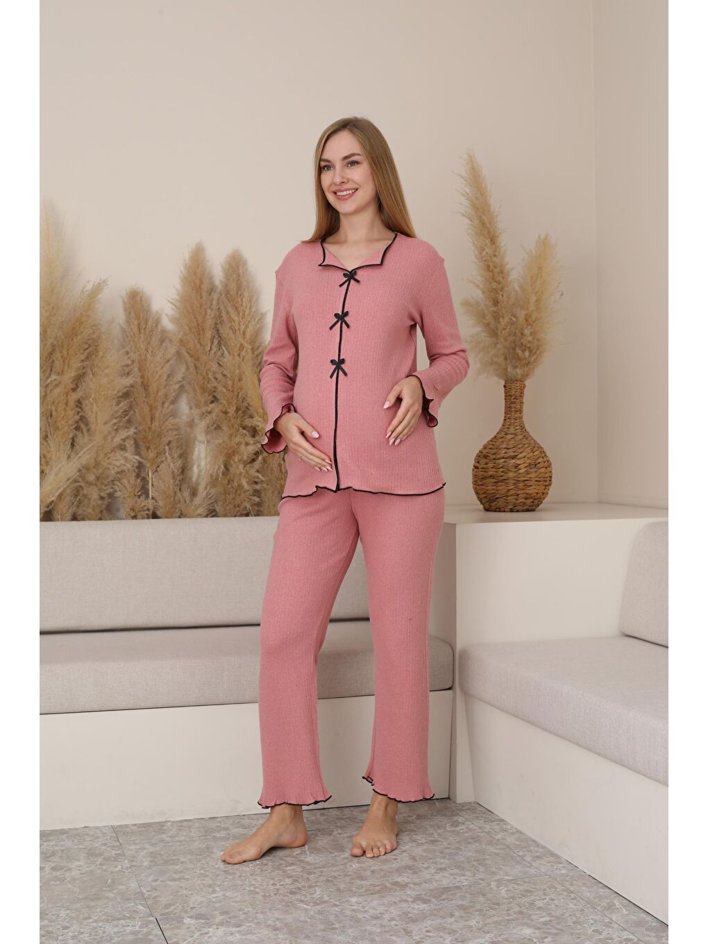 Pembe Gül Kurusu Hamile ve Lohusa Uzun Kollu Yumoş Kumaş Fiyonklu Bel Ayarlı Pijama Takımı