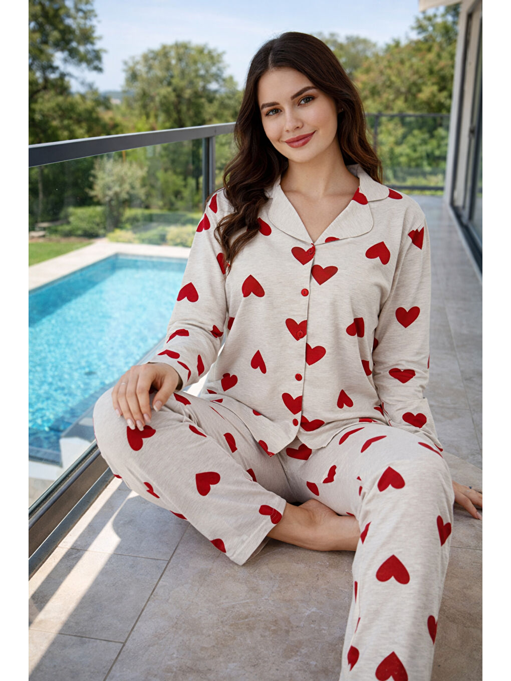 Kadın Kalp Desen Önü Düğmeli Suprem Pijama Takımı 0614 Bej02-3