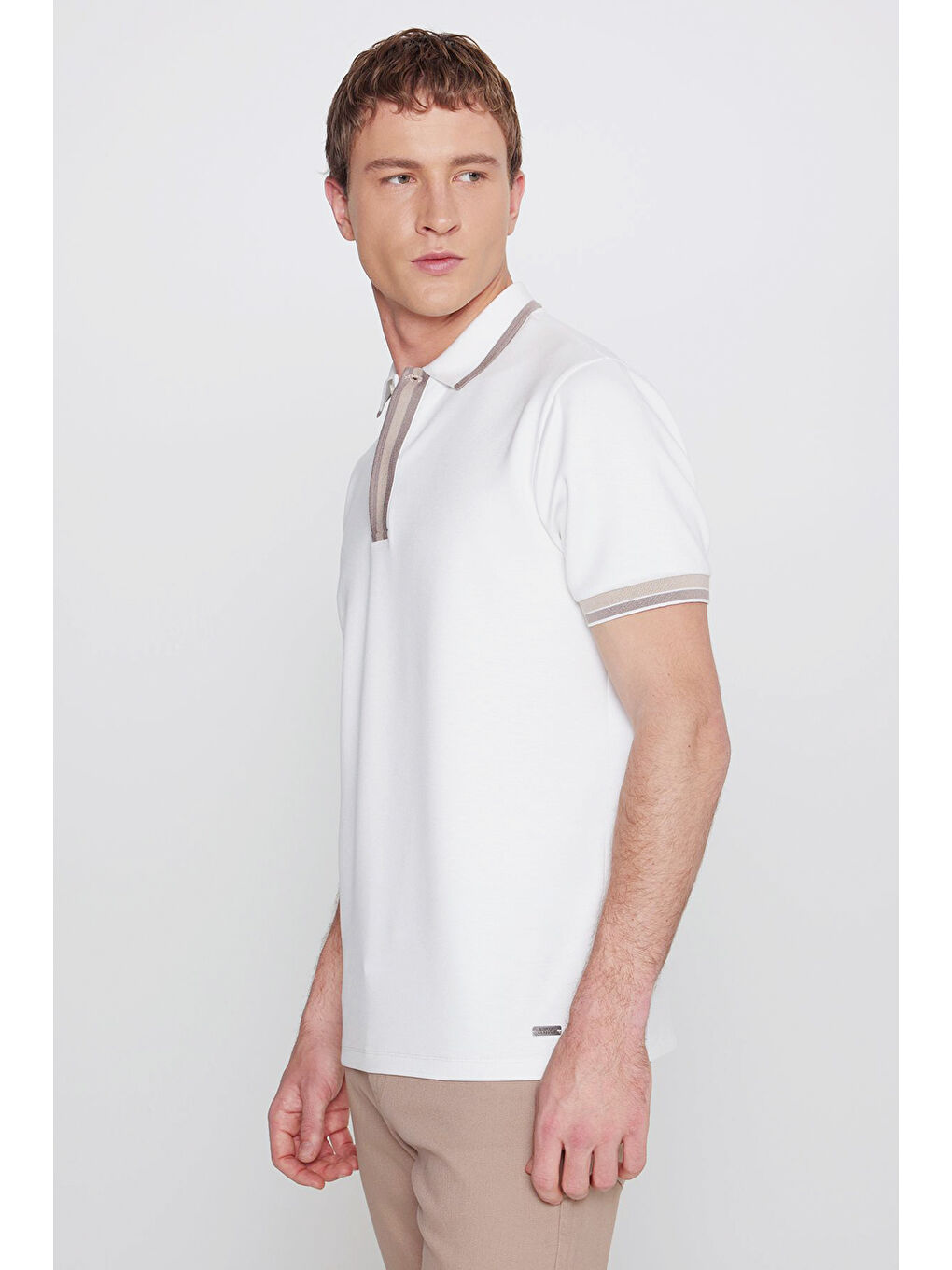 Erkek Ekru Slim Fit Dar Kesim Polo Yaka Esnek Tişört-3