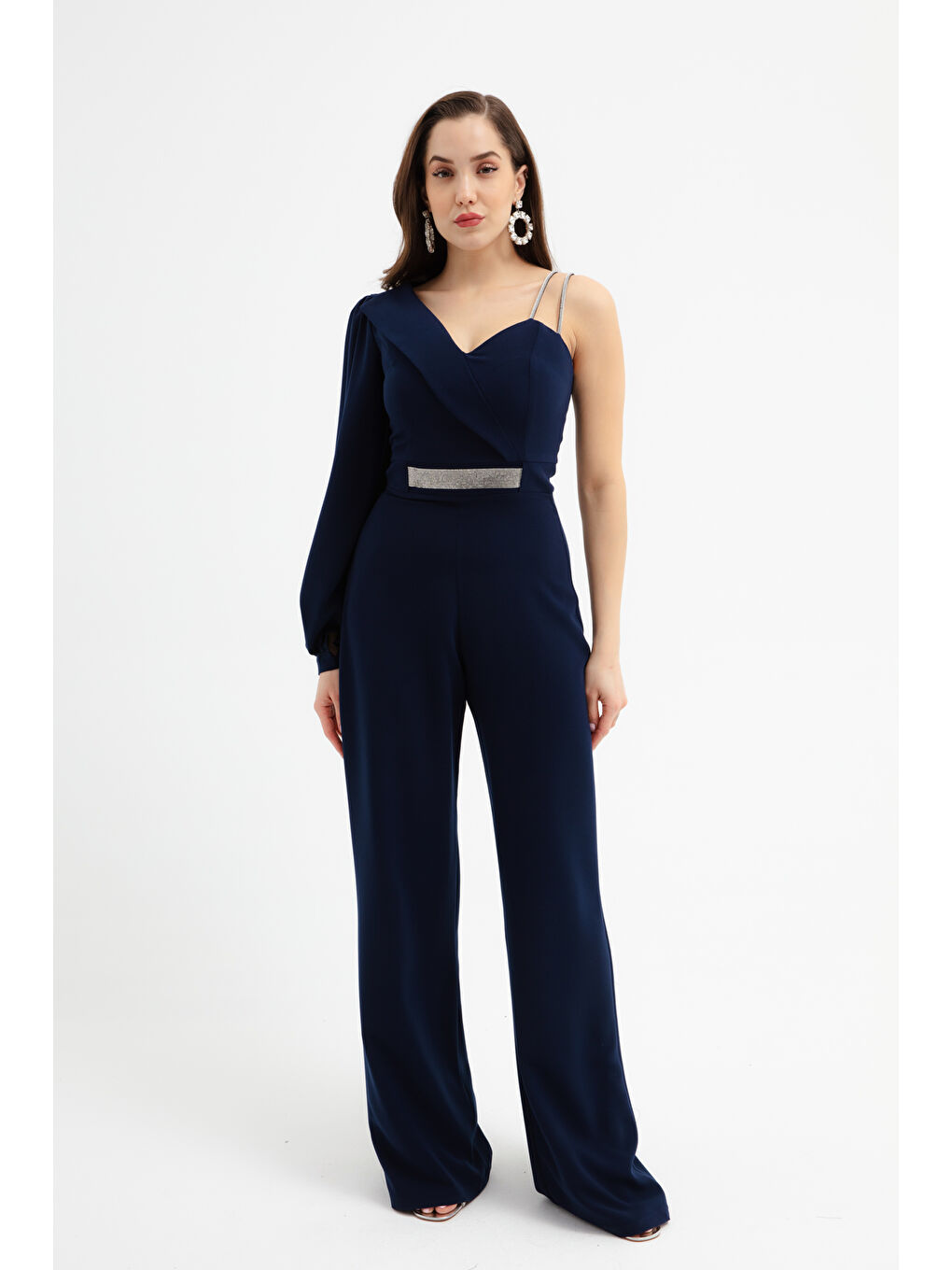 Kadın Lacivert Tek Omuz Taşlı Abiye Tulum-1