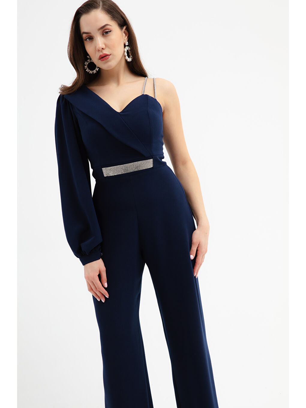 Kadın Lacivert Tek Omuz Taşlı Abiye Tulum-2