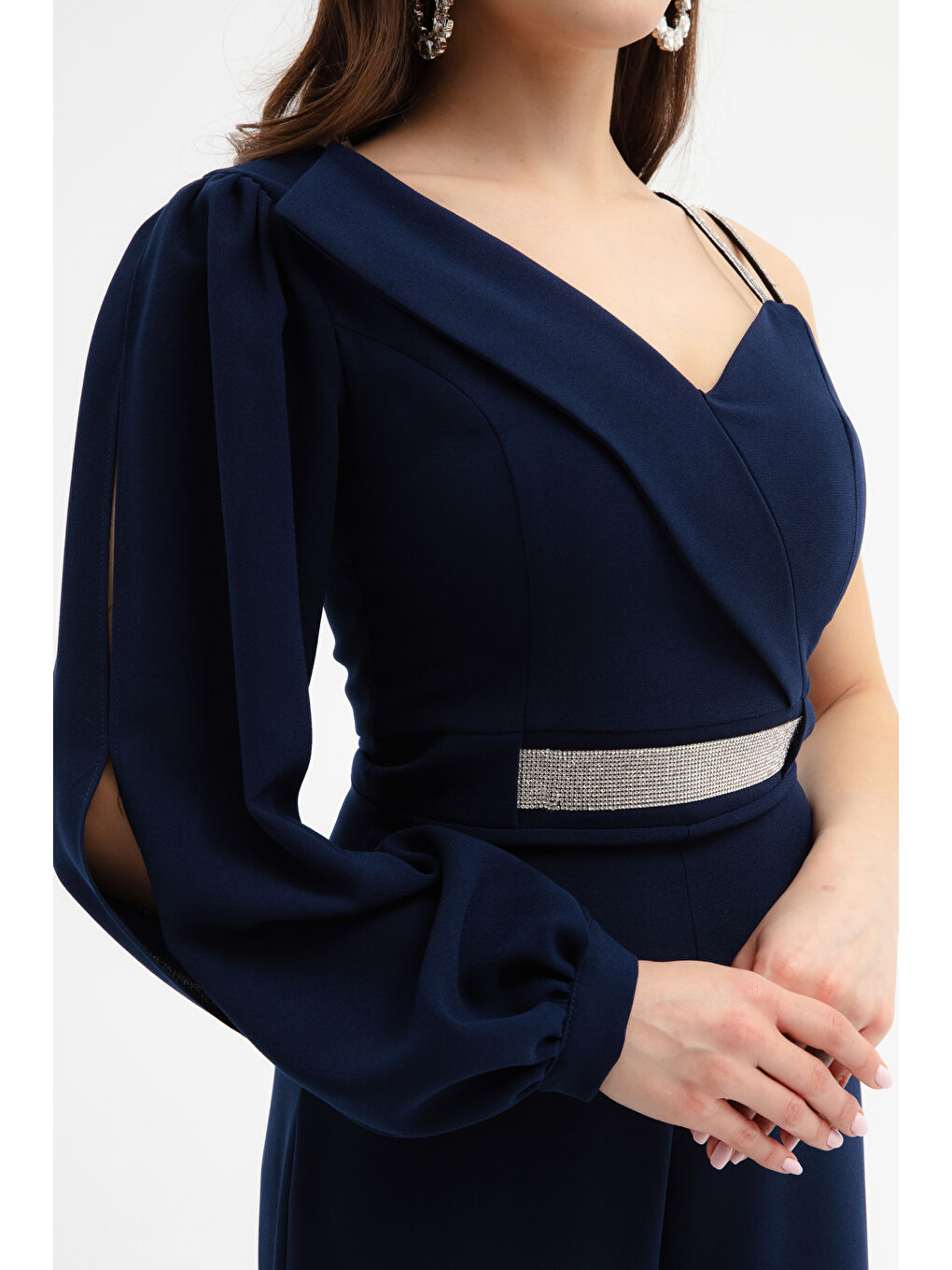 Kadın Lacivert Tek Omuz Taşlı Abiye Tulum-3