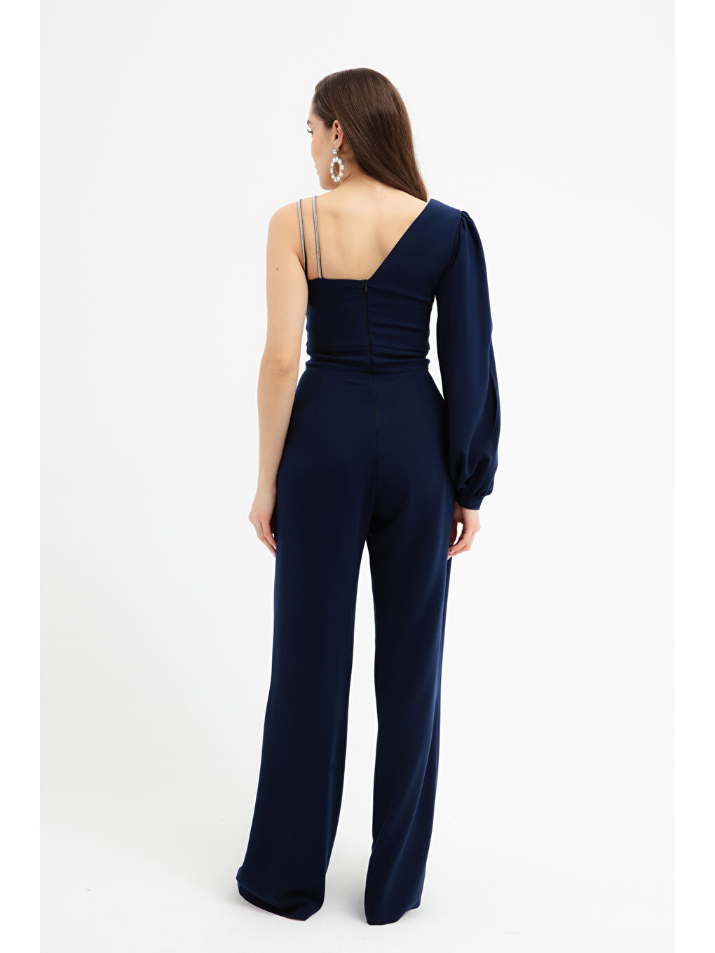 Kadın Lacivert Tek Omuz Taşlı Abiye Tulum-4