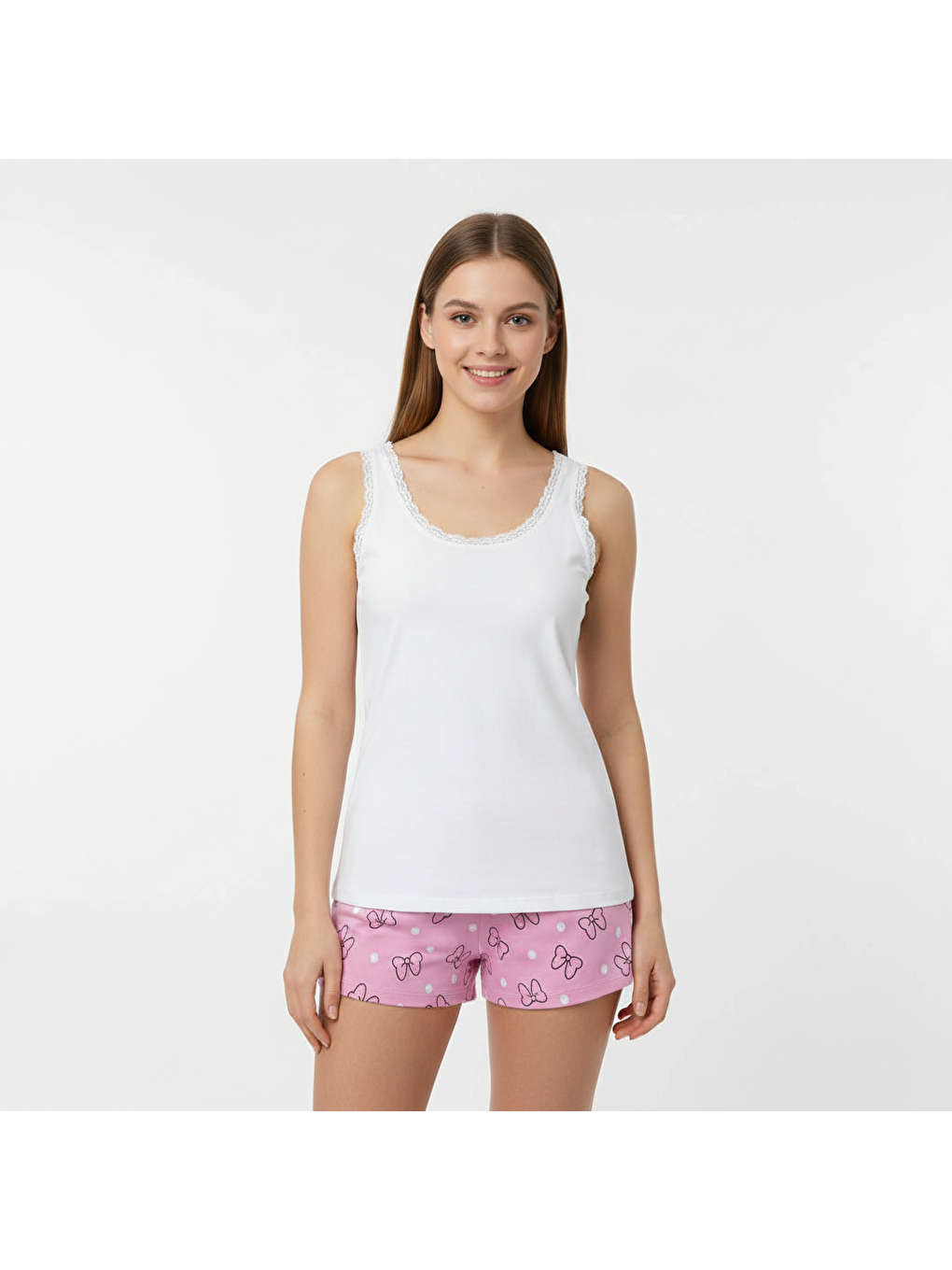 Beyaz Kadın Pamuklu Süs Dantelli Kalın Askılı Atlet Ve Şortlu 2'Li Takım Bb2338-1