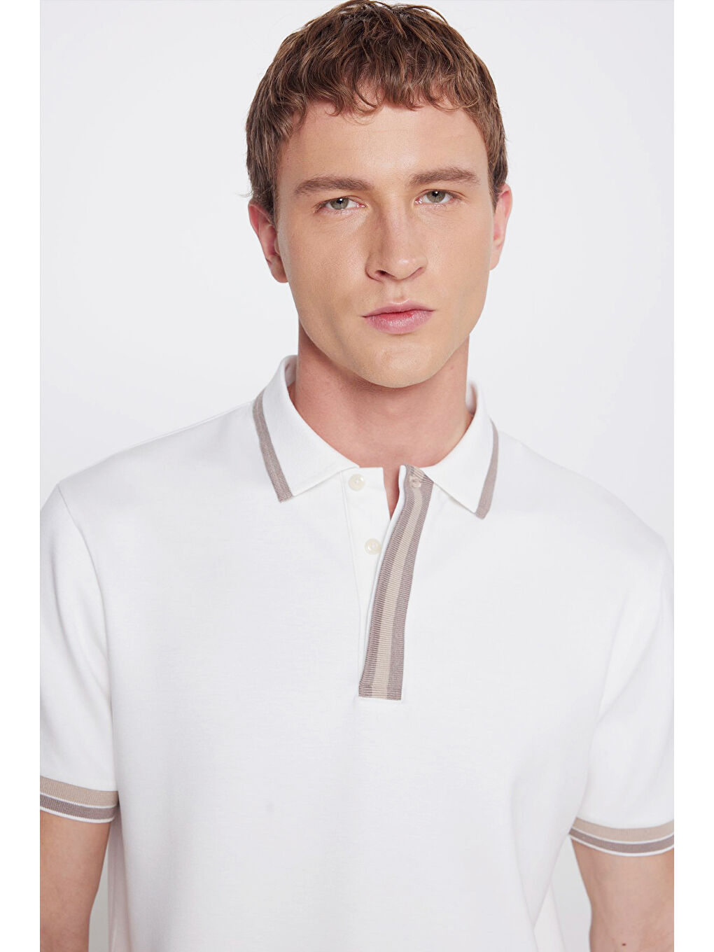 Erkek Ekru Slim Fit Dar Kesim Polo Yaka Esnek Tişört-4