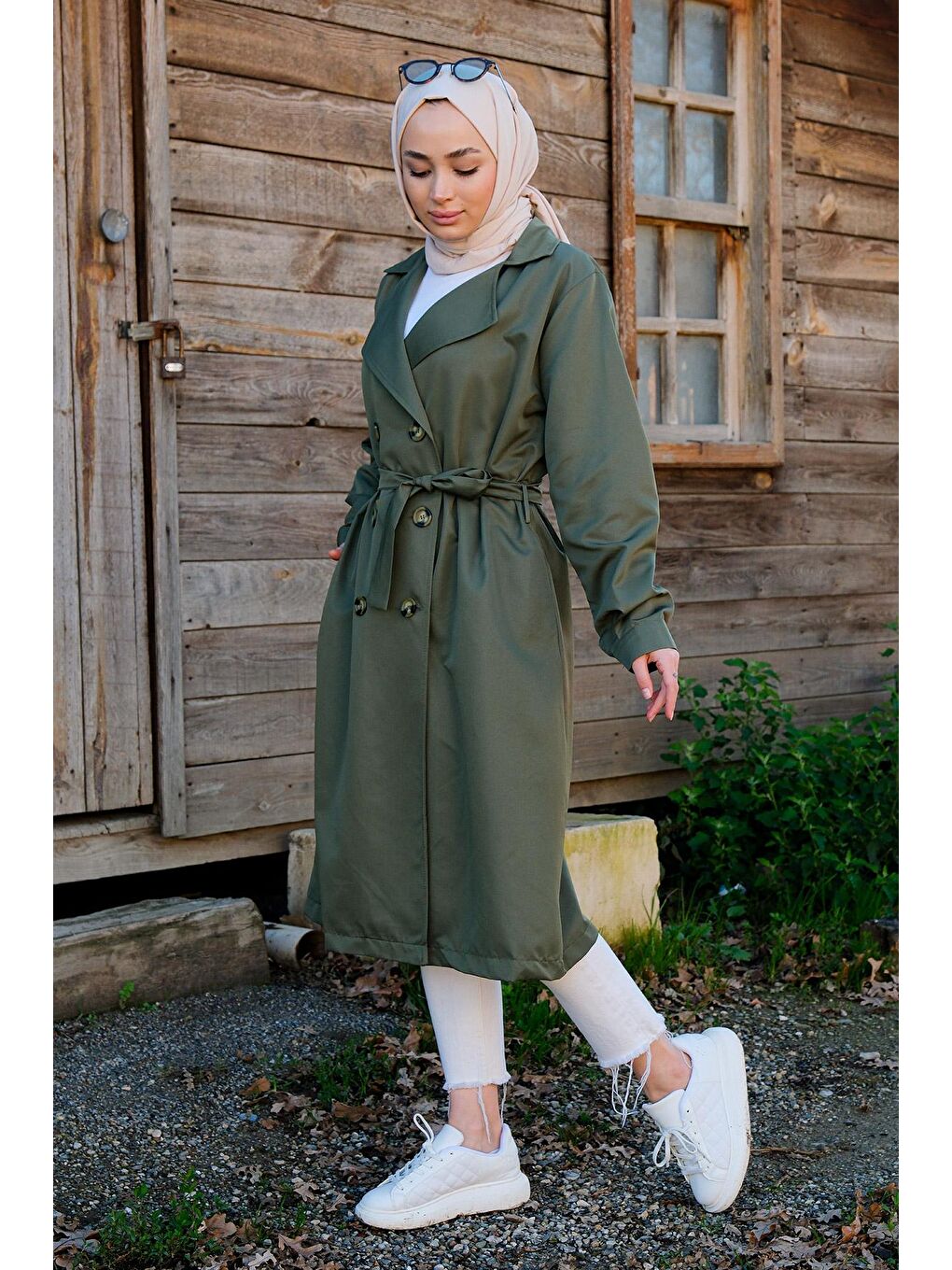 Bel Bağlamalı Trenç Haki Yeşil-3