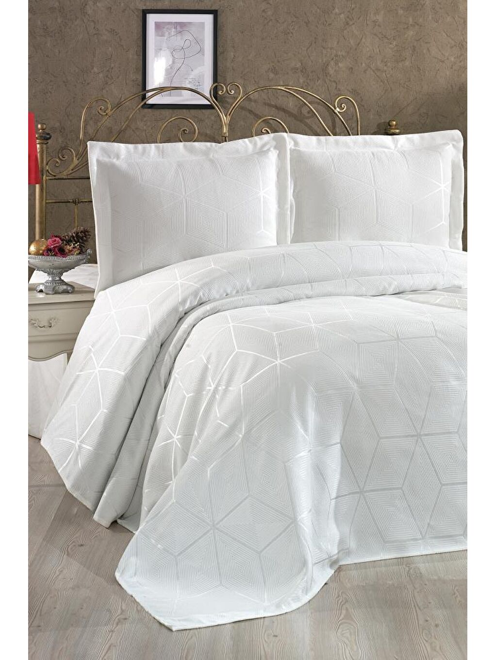 Ekru Verona 3 Parça Çift Kişilik Yatak Örtüsü Krem