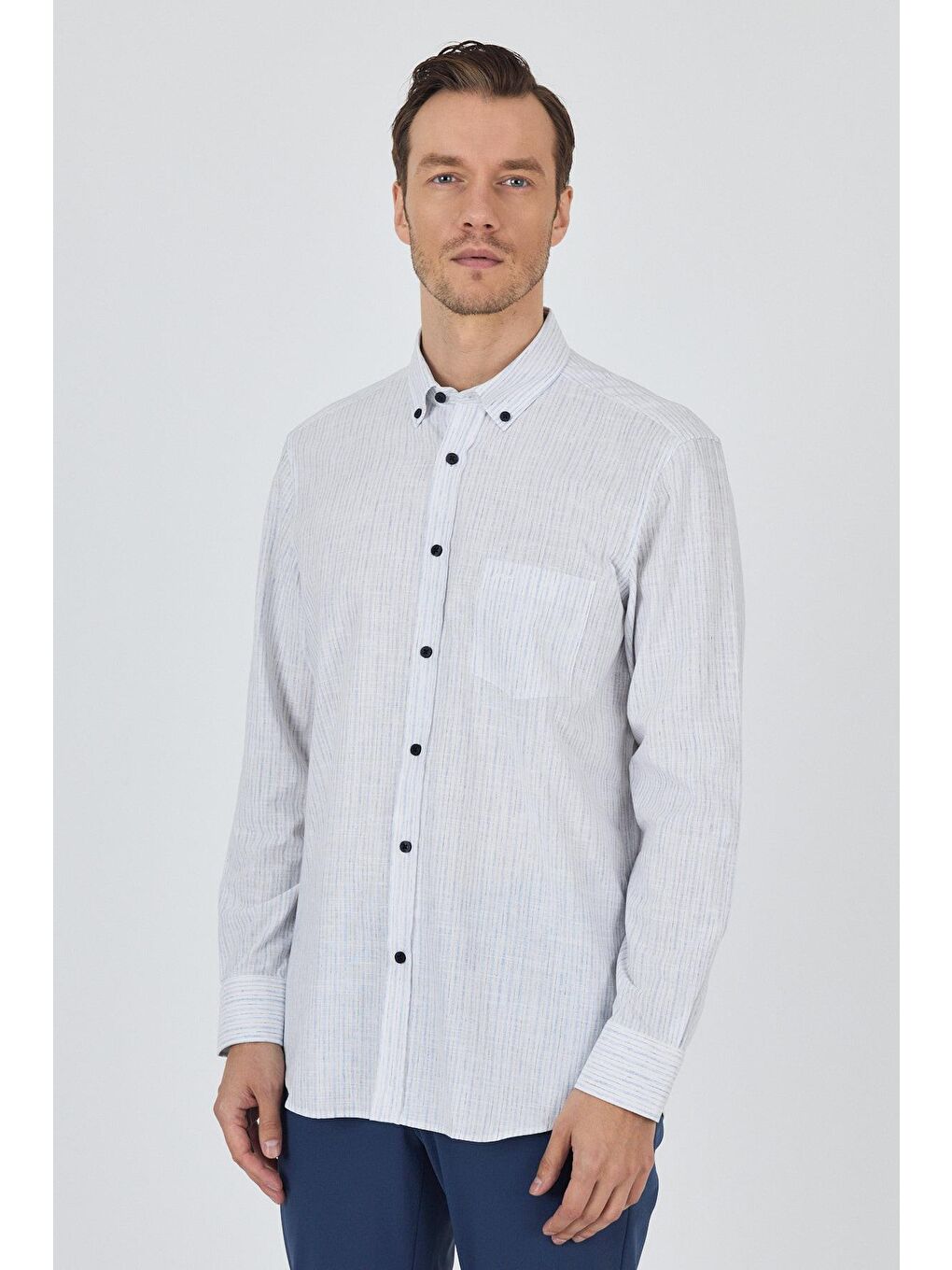 Mavi Uzun Kol Çizgili Desen Bez Ayağı Düğmeli Yaka Cepli Pamuklu Casual Comfort Fit Gömlek 1004250100