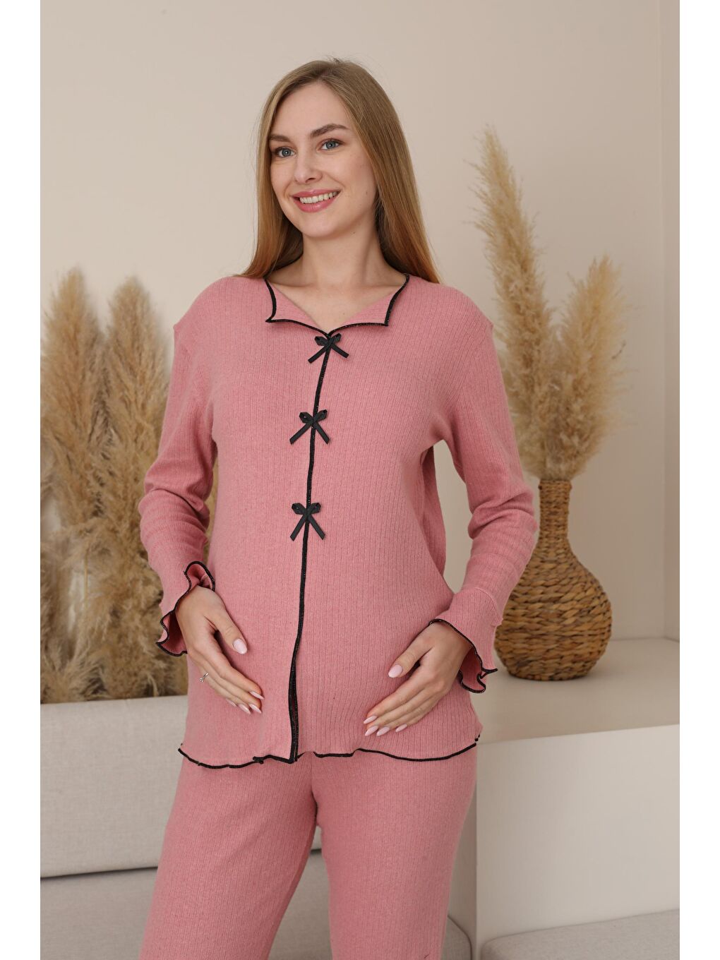 Pembe Gül Kurusu Hamile ve Lohusa Uzun Kollu Yumoş Kumaş Fiyonklu Bel Ayarlı Pijama Takımı-2