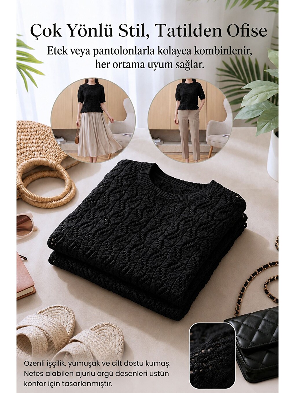 Siyah Kendinden Desenli Triko Bluz-2