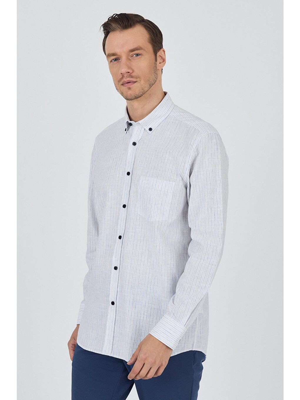 Mavi Uzun Kol Çizgili Desen Bez Ayağı Düğmeli Yaka Cepli Pamuklu Casual Comfort Fit Gömlek 1004250100-1